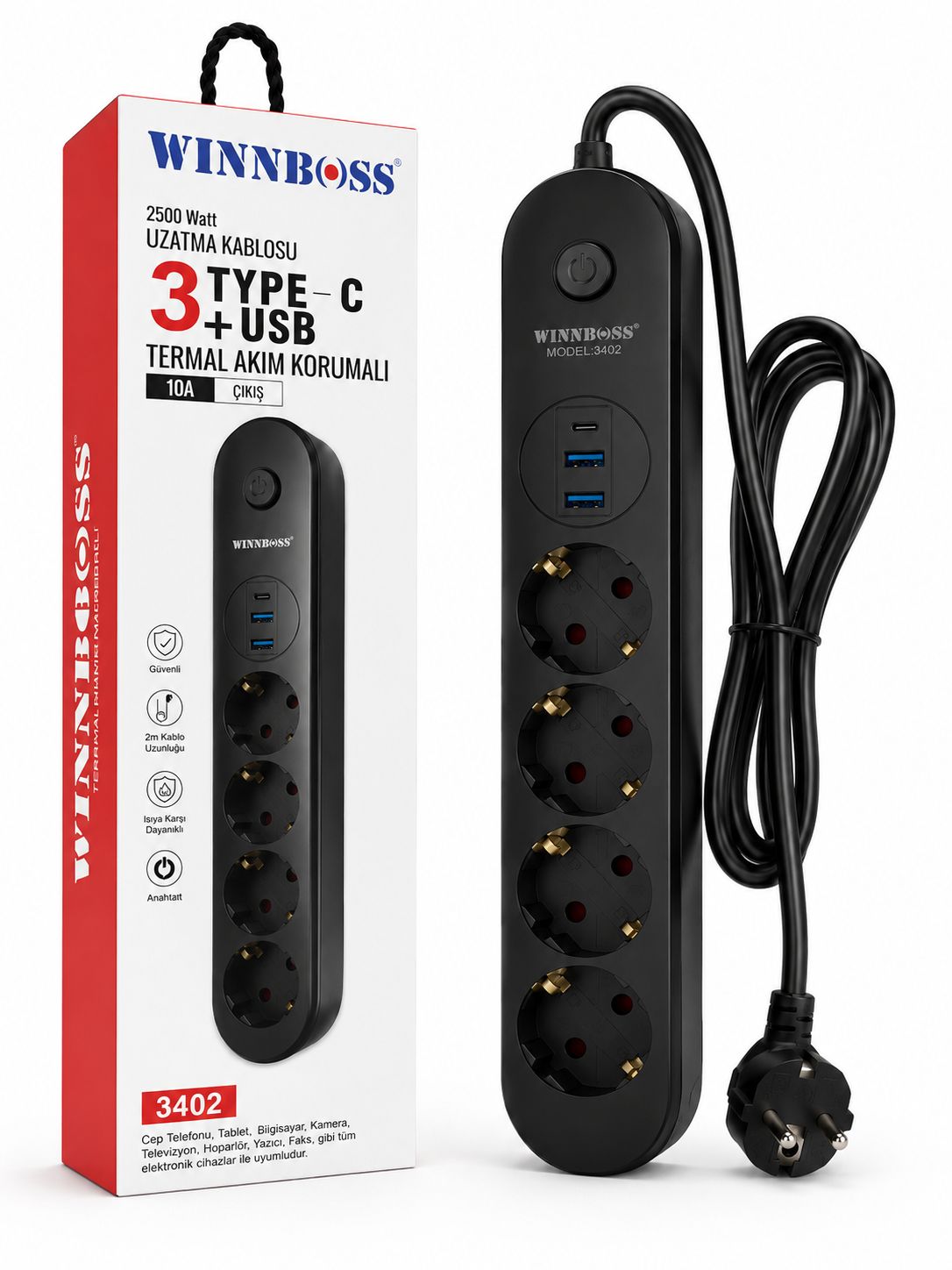 WINNBOSS 2 USB 1 TYPCE 4LÜ AKIM KORUMALI PRİZ  KL:40